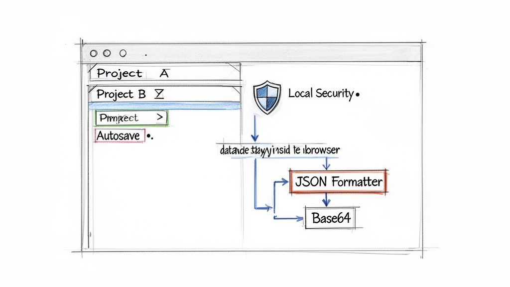 Diagram of a web app UI showing project selection, local security, JSON formatting, and Base64 encoding.