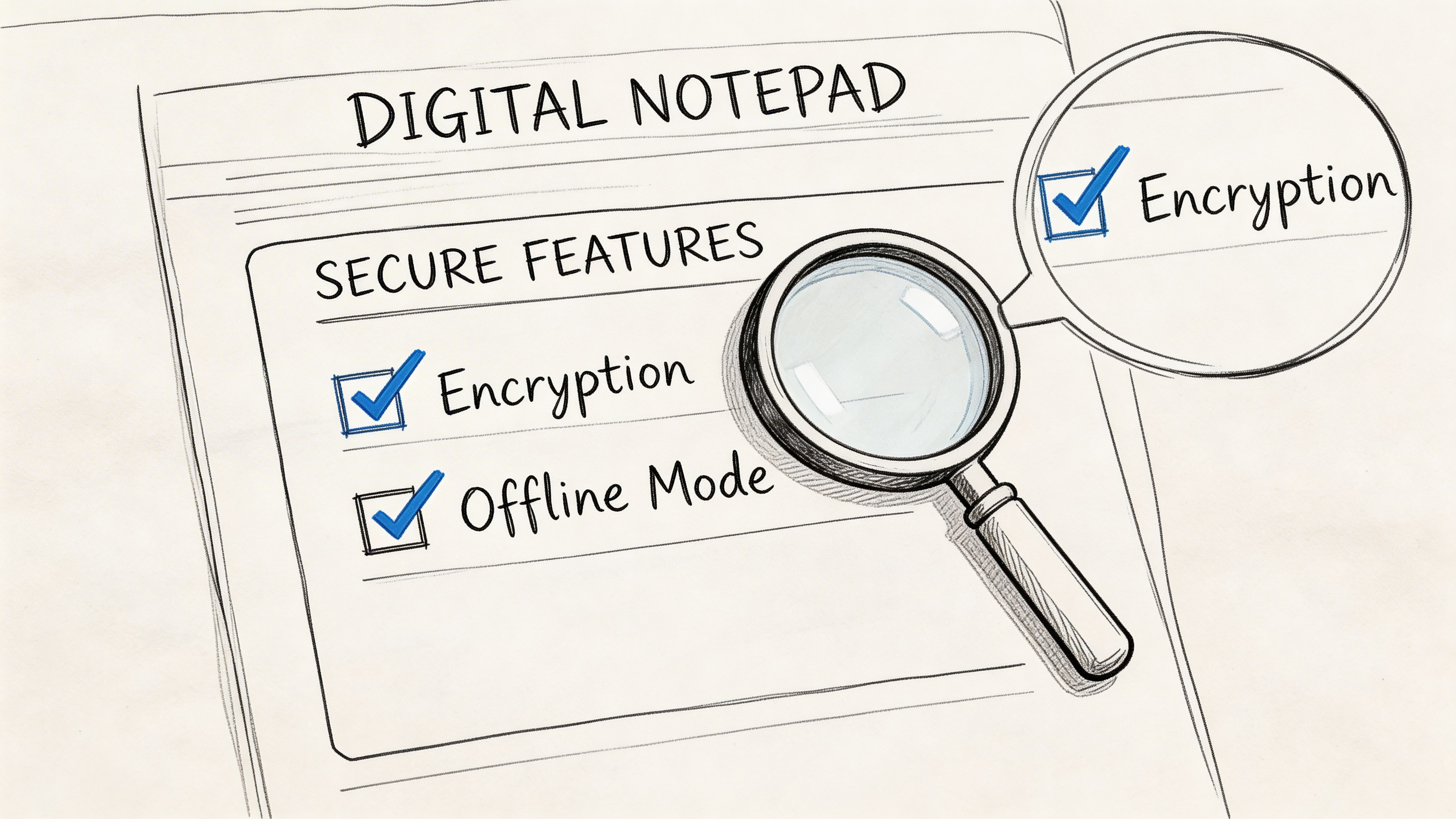 A hand-drawn digital notepad document featuring secure features, including encryption and offline mode highlighted by a magnifying glass.