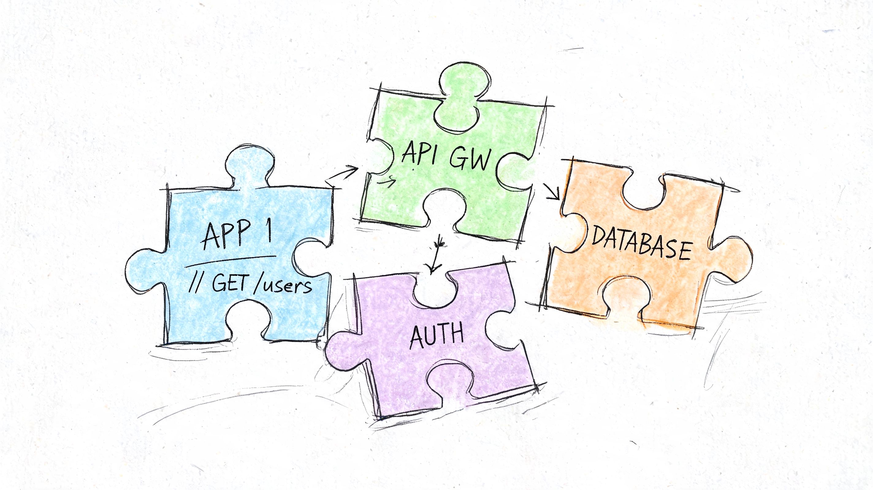 A hand-drawn puzzle diagram showing the architecture flow between APP 1, API GW, AUTH, and DATABASE.