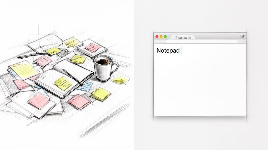Split image showing a sketched messy desk with a notebook, coffee, sticky notes, and a digital notepad window.