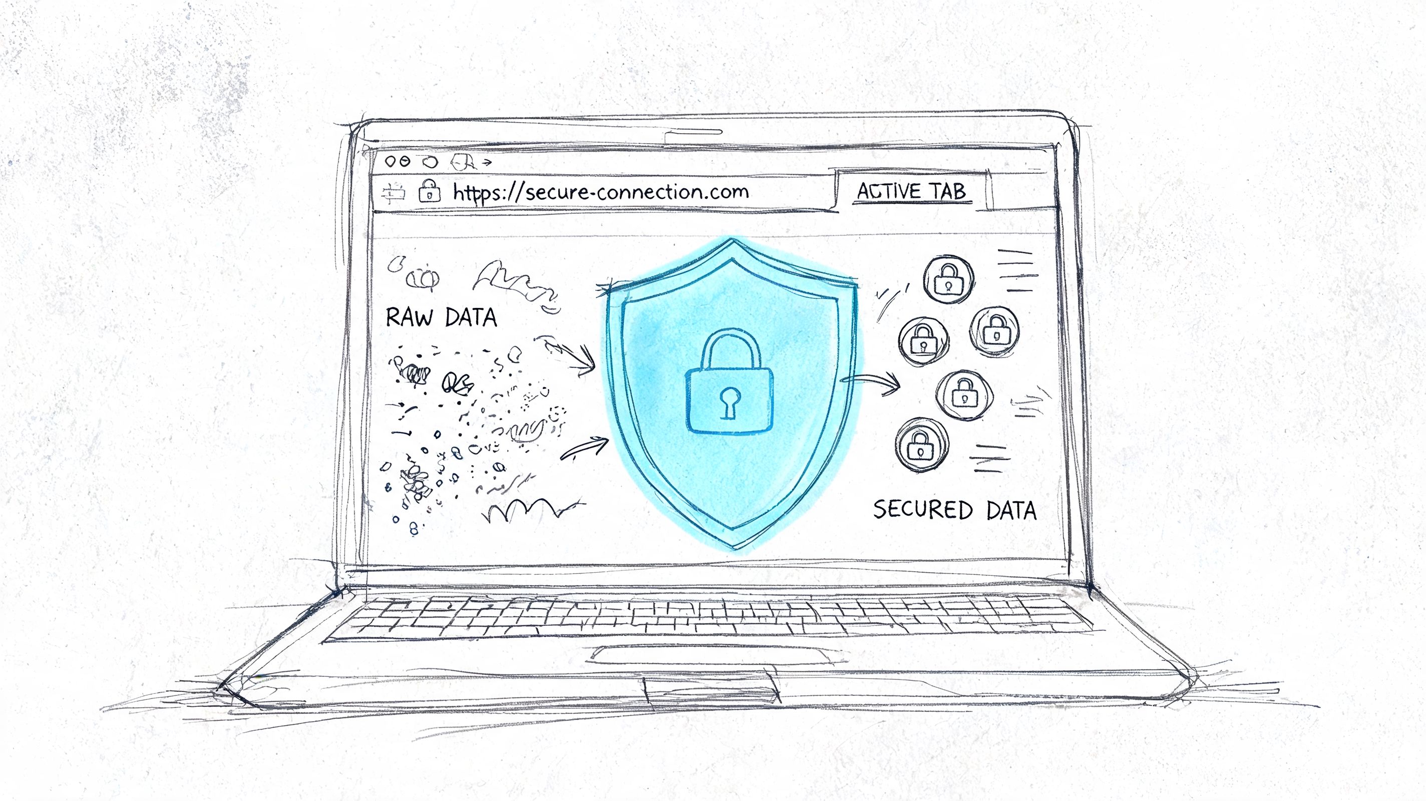 A hand-drawn sketch of a laptop screen showing the process of raw data being converted into secured data.