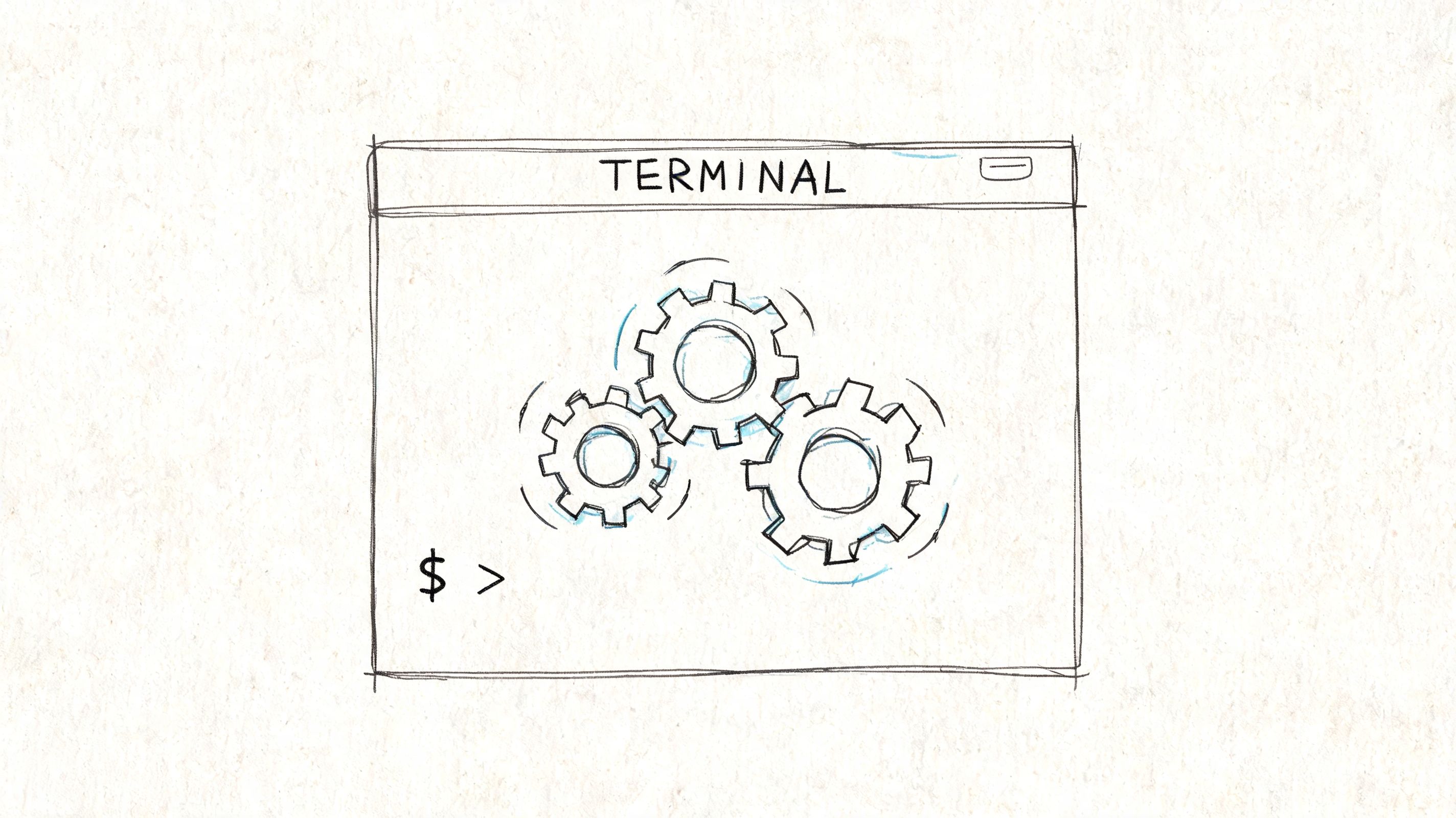 A hand-drawn sketch of a computer terminal window containing three interlocking gears representing technical processes.