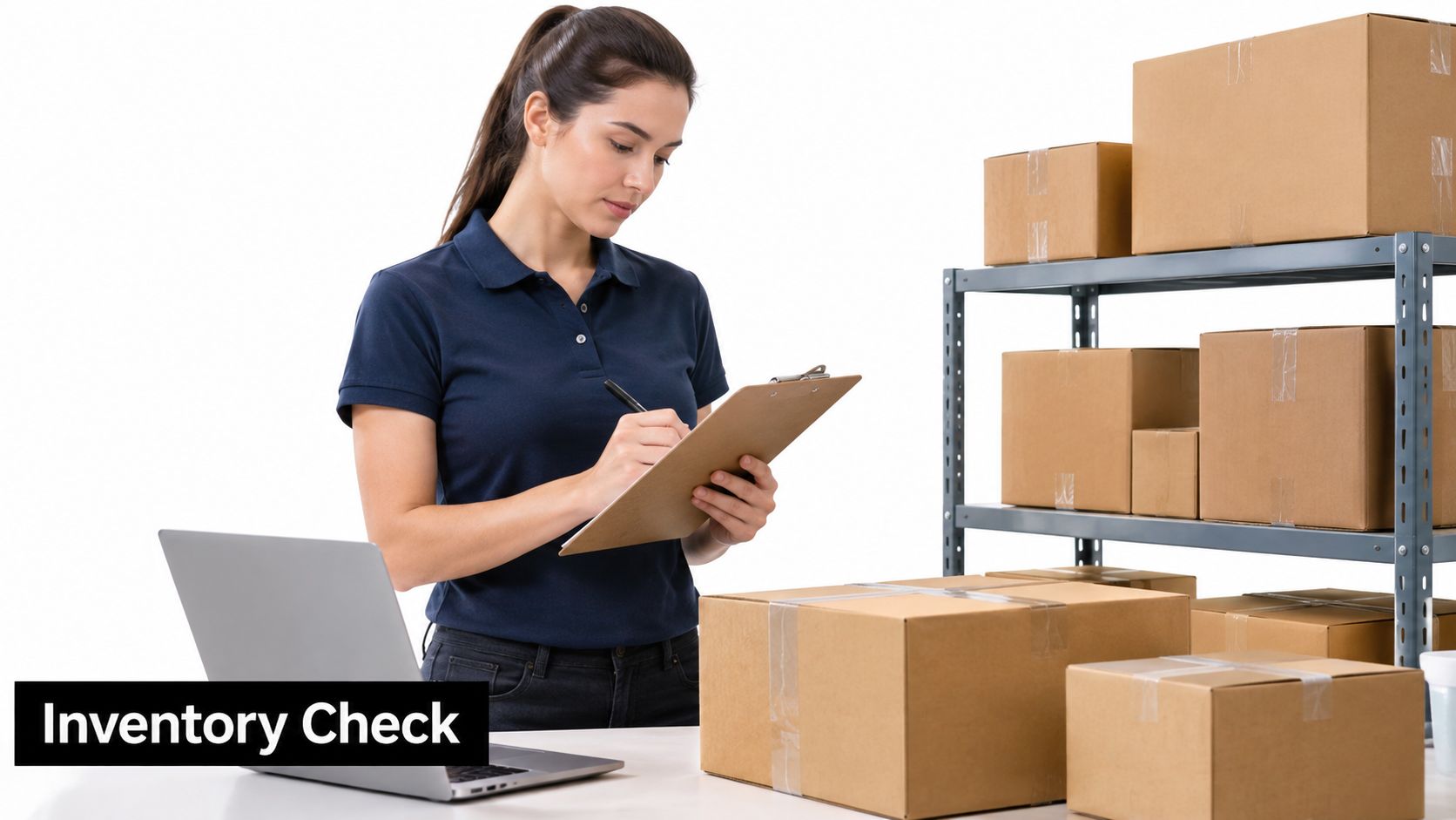 A professional woman in a navy polo shirt performing an inventory check using a clipboard and laptop.