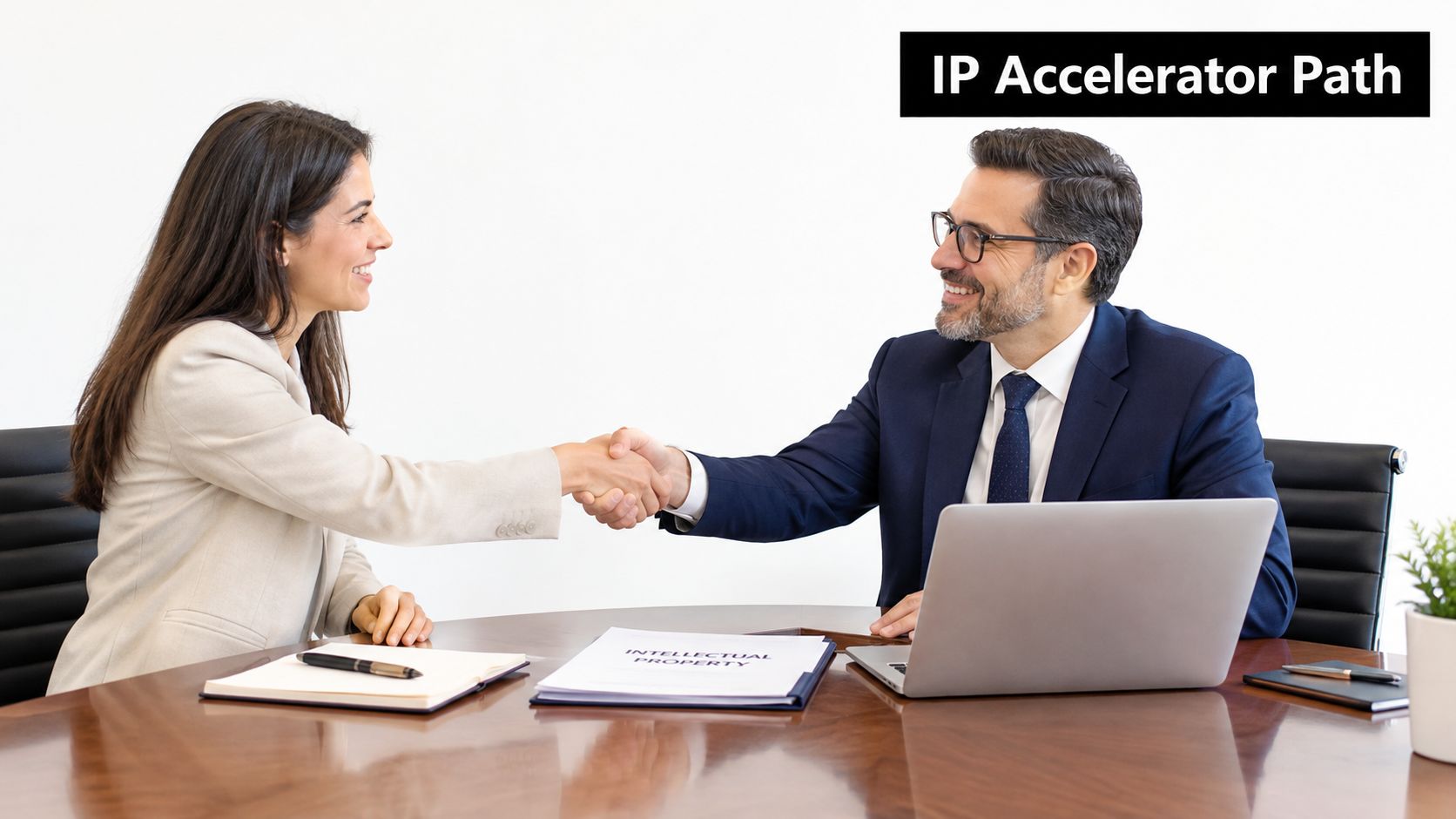 A professional woman and man shaking hands at an office table, discussing intellectual property and legal services.