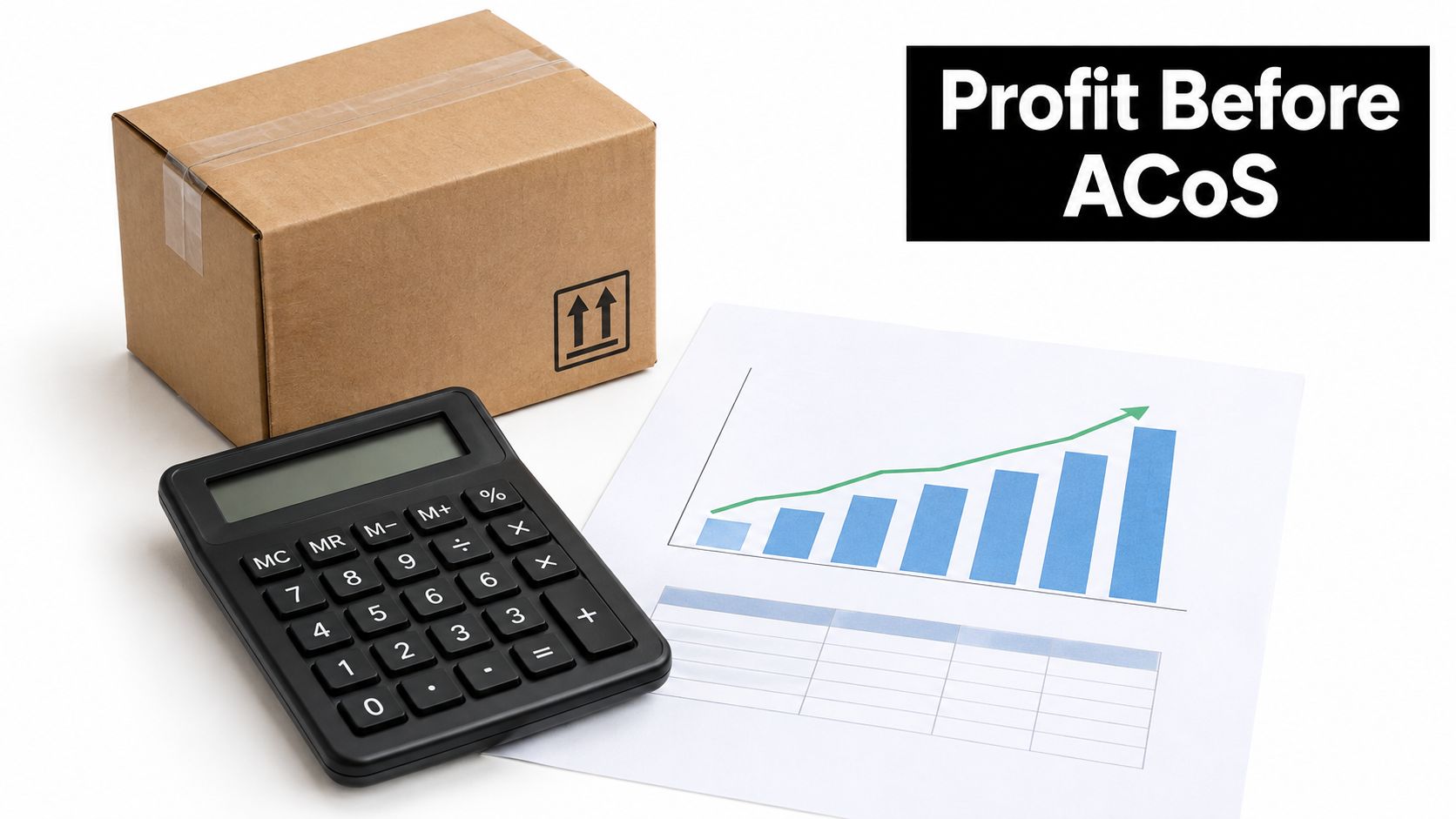 A cardboard box, a black calculator, and a bar chart representing growth sitting on a desk.