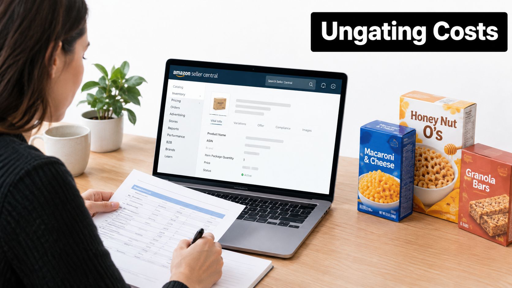 A person reviewing paperwork while working on an Amazon Seller Central dashboard with grocery products nearby.