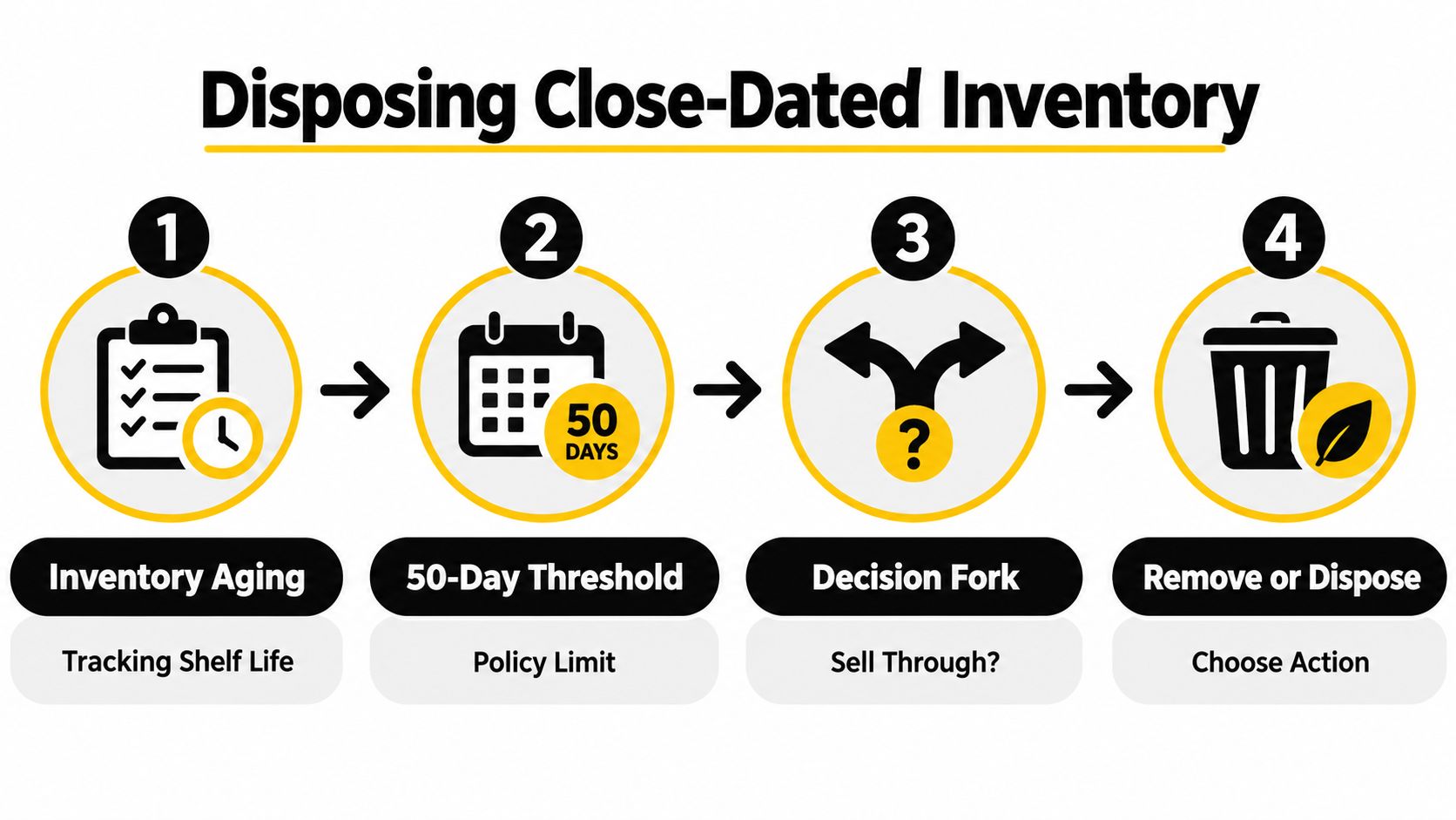 A four-step infographic illustrating the process of monitoring and disposing of close-dated food inventory.