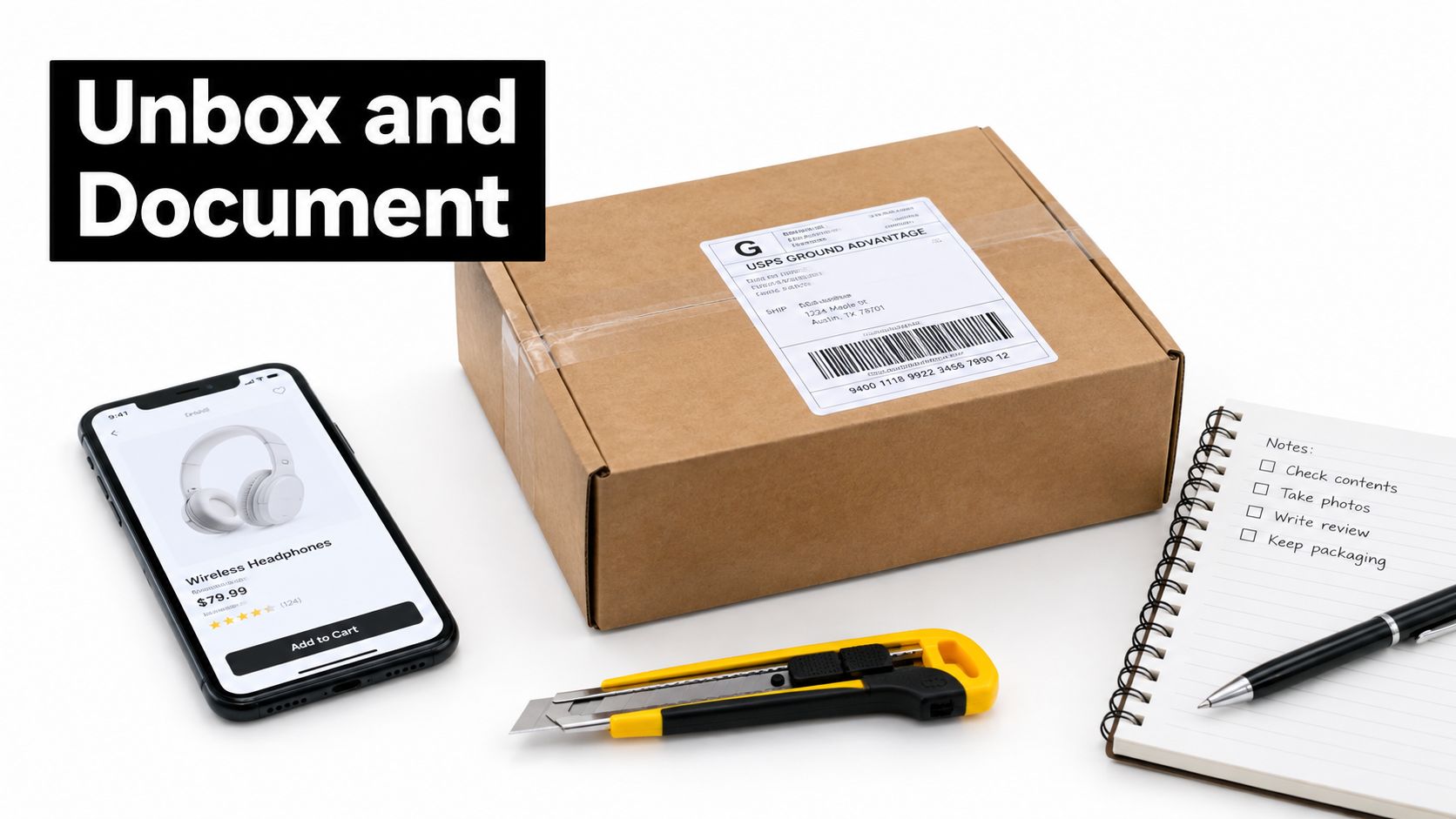 A shipping box, smartphone displaying headphones, utility knife, and a checklist notebook on a white surface.