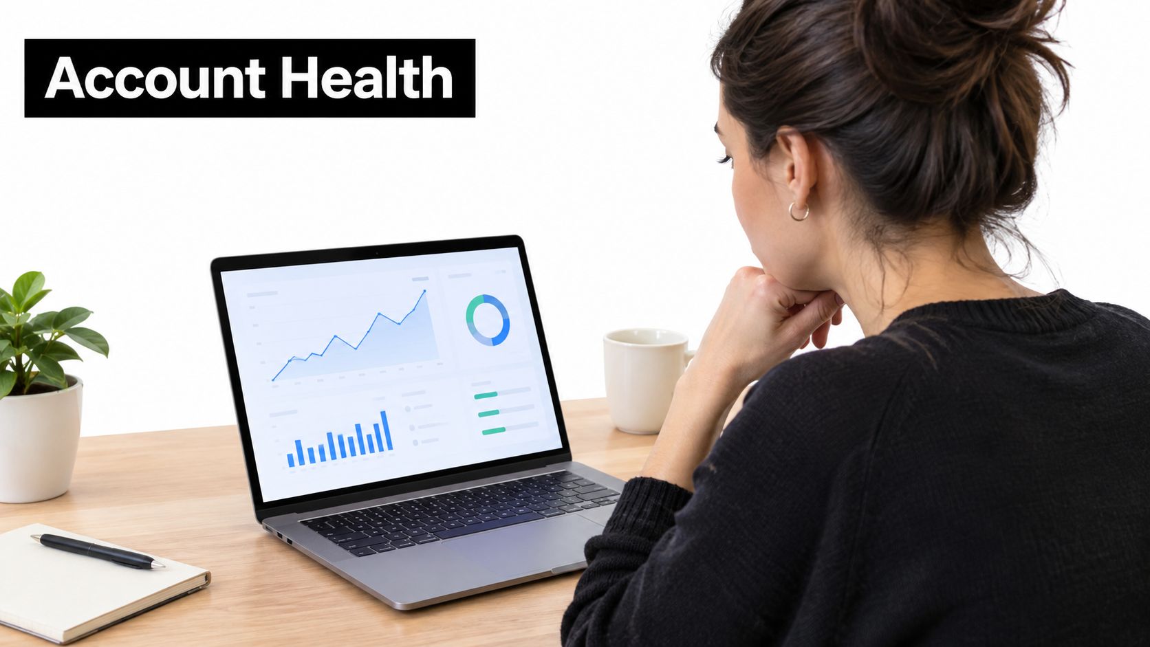 A woman looks at a laptop screen displaying various business charts and performance metrics for account analysis.