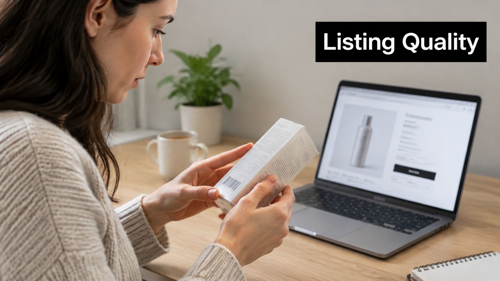A young woman examining a product package while using a laptop to review an e-commerce listing.