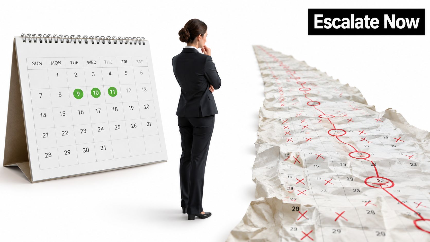 A professional woman in a suit looks at a calendar and an endless path of crumpled dates.