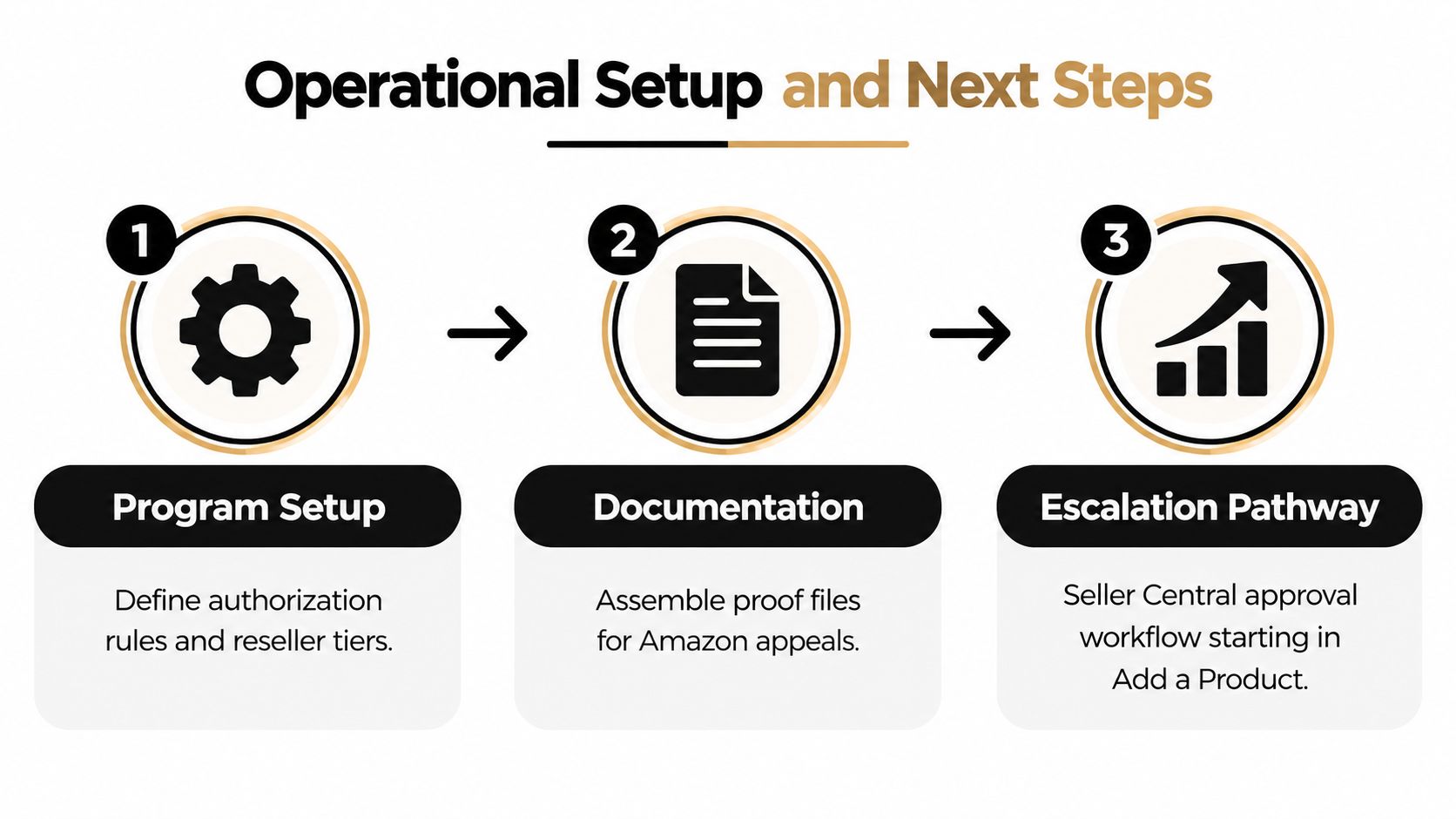 A three-step infographic showing program setup, documentation for Amazon appeals, and an escalation pathway for brand resellers.