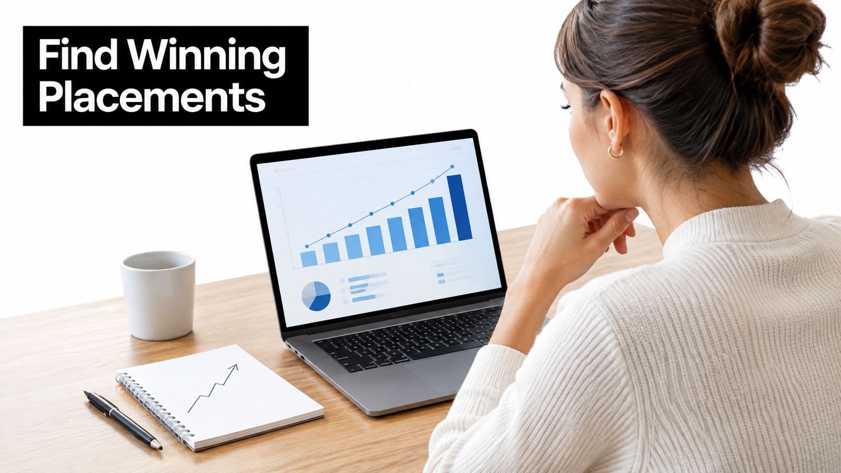 A woman reviewing growth charts on a laptop screen while working at a wooden office desk.