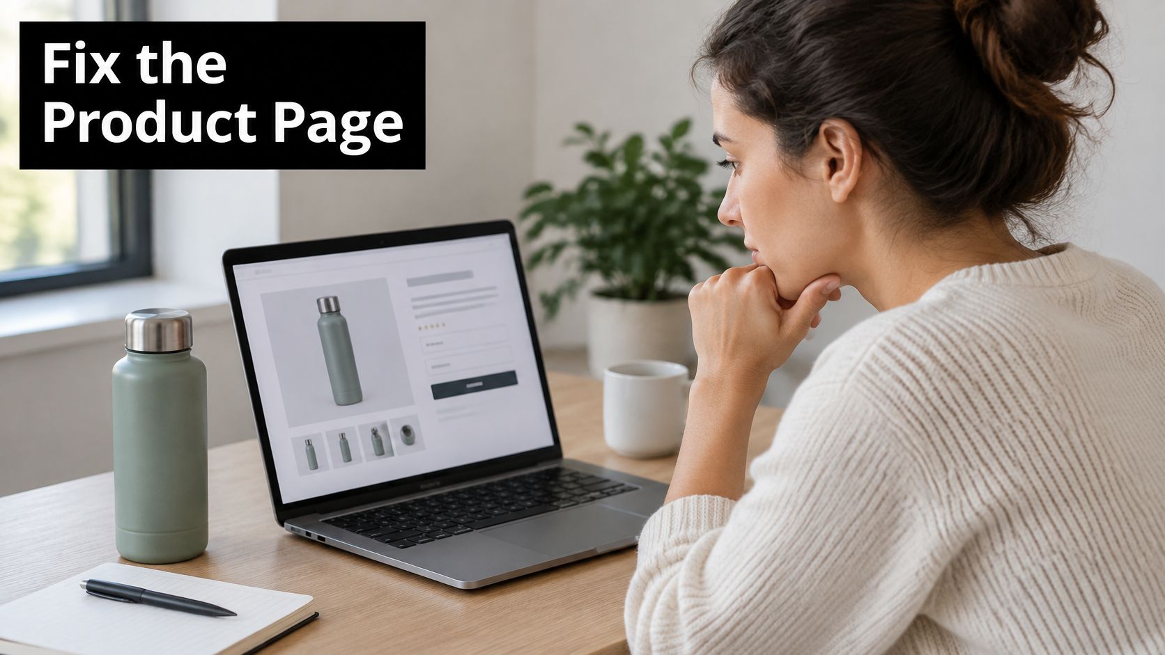 A focused woman reviews a product page on her laptop for a reusable water bottle at her desk.