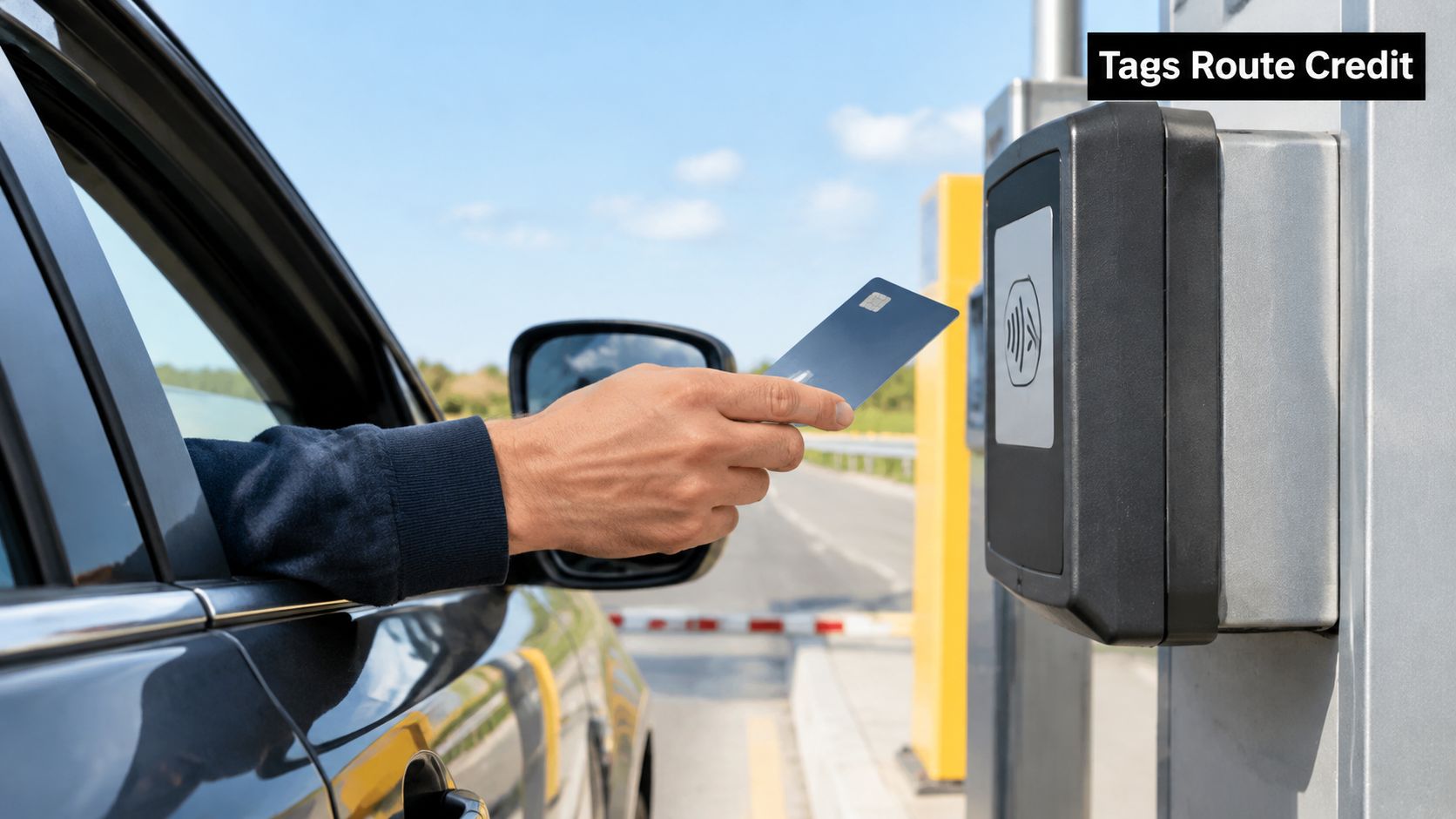 A person in a car making a contactless payment with a credit card at a toll station.