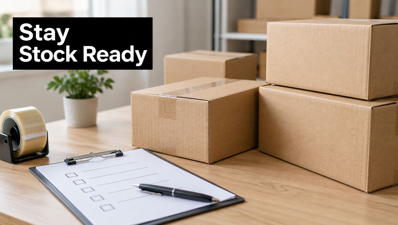 Cardboard shipping boxes sitting on a desk next to a packing tape dispenser and a clipboard.