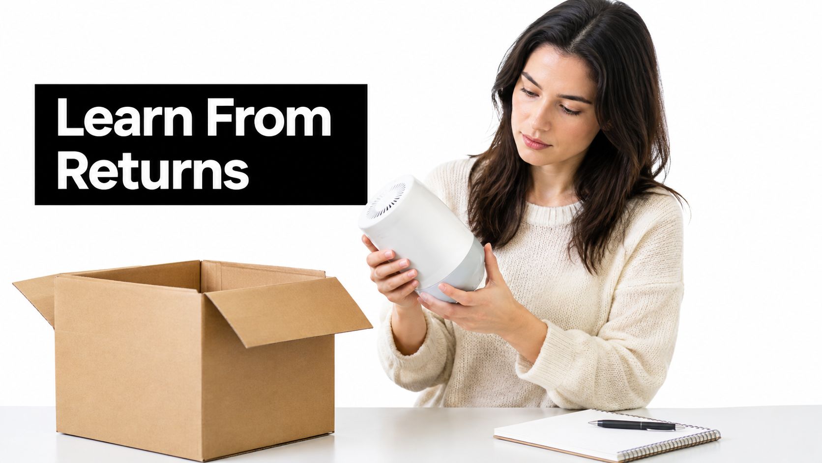 A woman examining a returned electronic product at a desk with a shipping box and notebook.