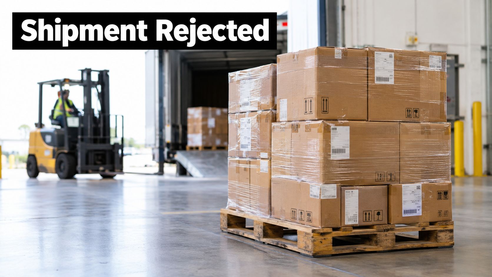A forklift driver in a warehouse preparing to unload palletized boxes labeled as a rejected shipment.