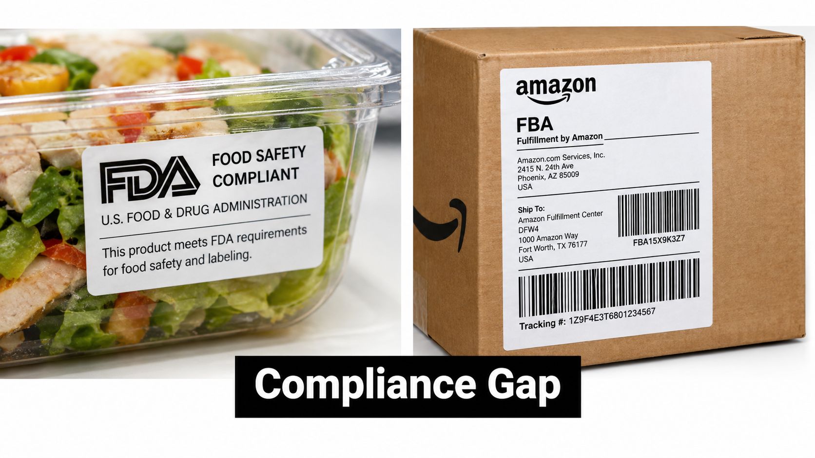 A food product container with an FDA compliant label next to an Amazon FBA shipping box.