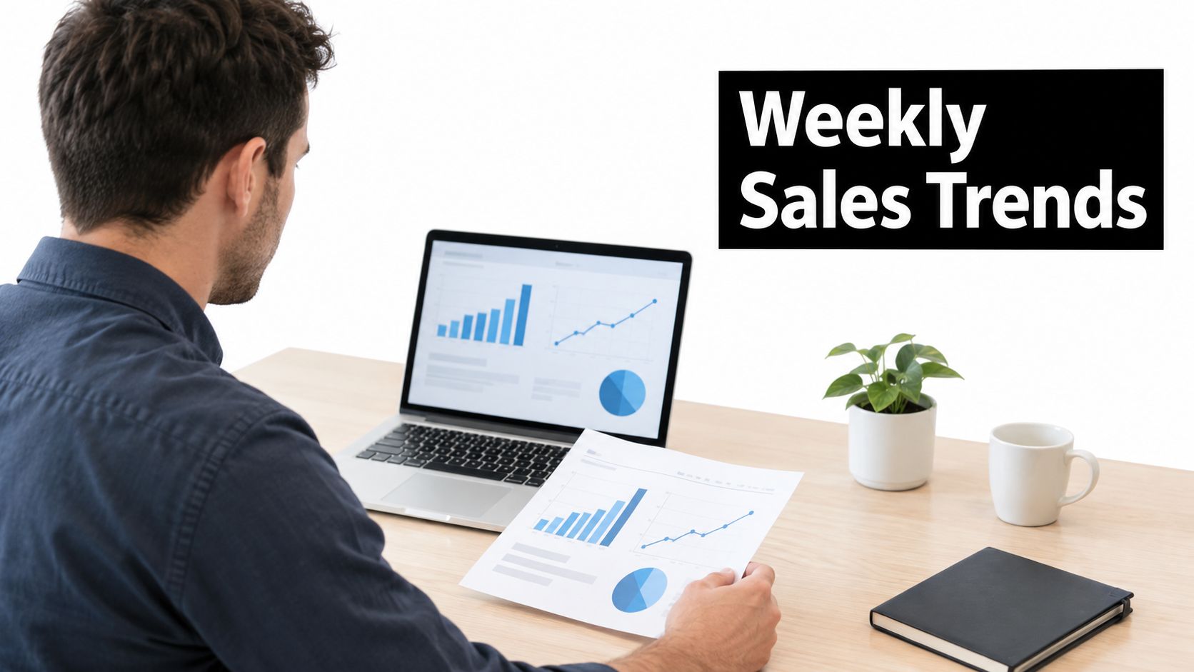 A man working on his laptop reviewing weekly sales trends with charts and graphs on his screen.