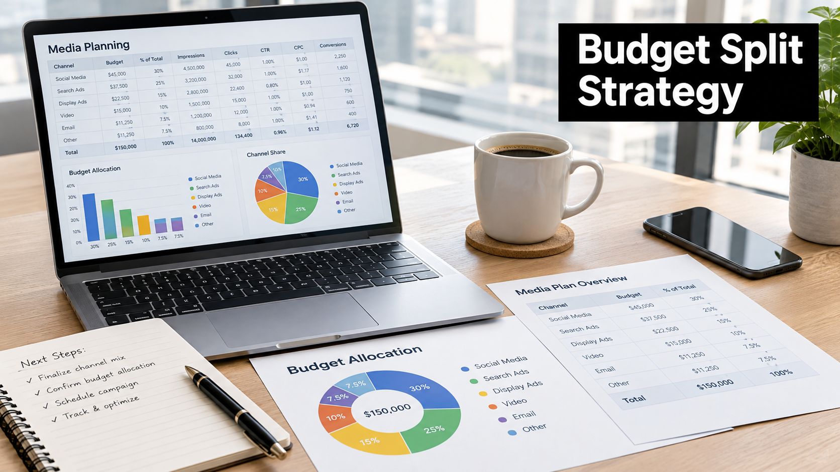 A professional desk setup featuring a laptop and printed documents displaying media planning budget allocation charts.