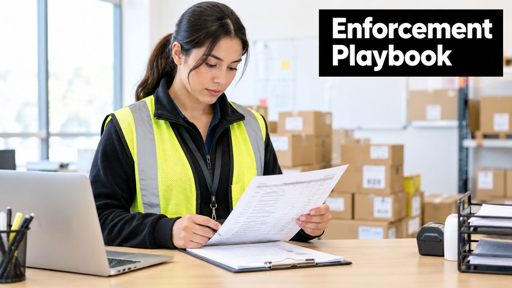 A woman wearing a high-visibility vest reviews shipping documents while sitting at a warehouse office desk.