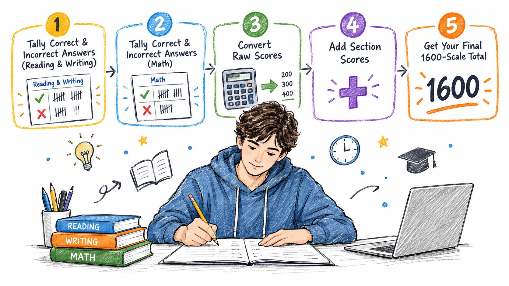 A student calculates their SAT score using a five-step process illustrated with a math book and laptop.