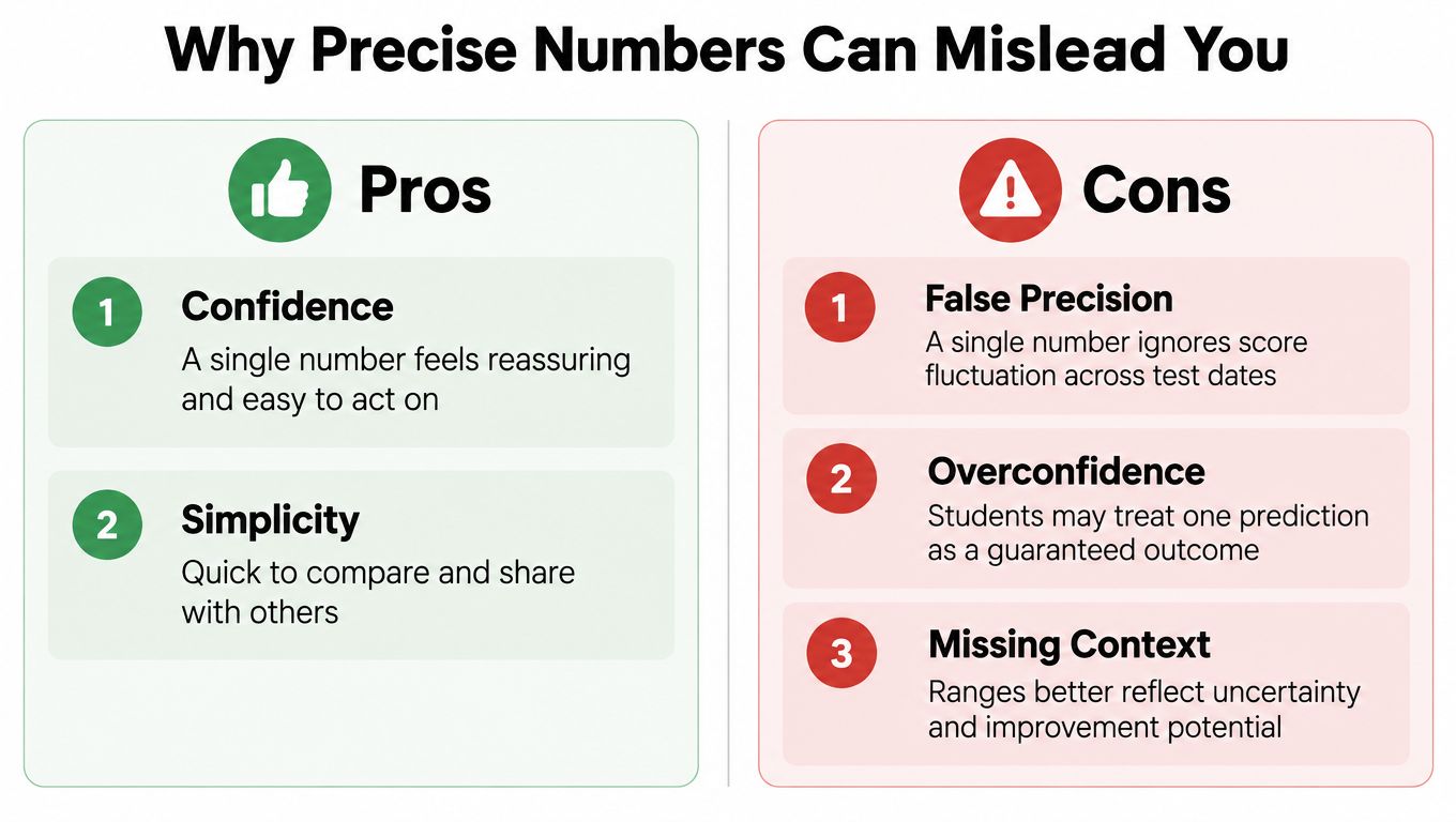 A comparison chart showing the pros and cons of using precise numbers versus ranges for test scores.