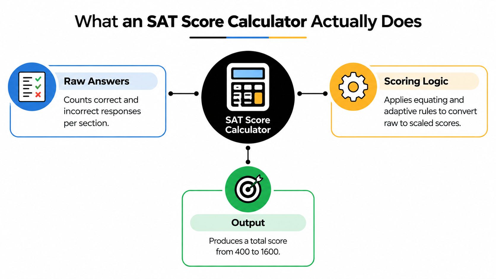 A diagram illustrating how an SAT score calculator processes raw responses and logic to output a score.