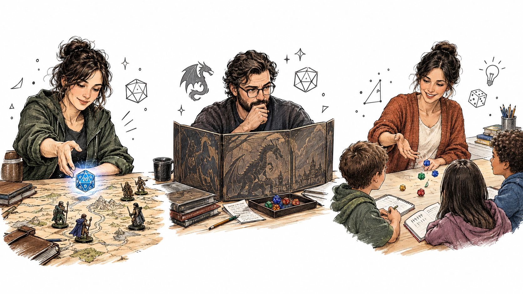A family playing a tabletop role-playing game with miniatures, maps, dice, and a game master screen.