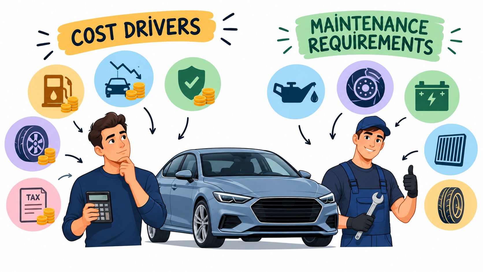 A split illustration comparing automotive ownership costs on the left with vehicle maintenance requirements on the right.