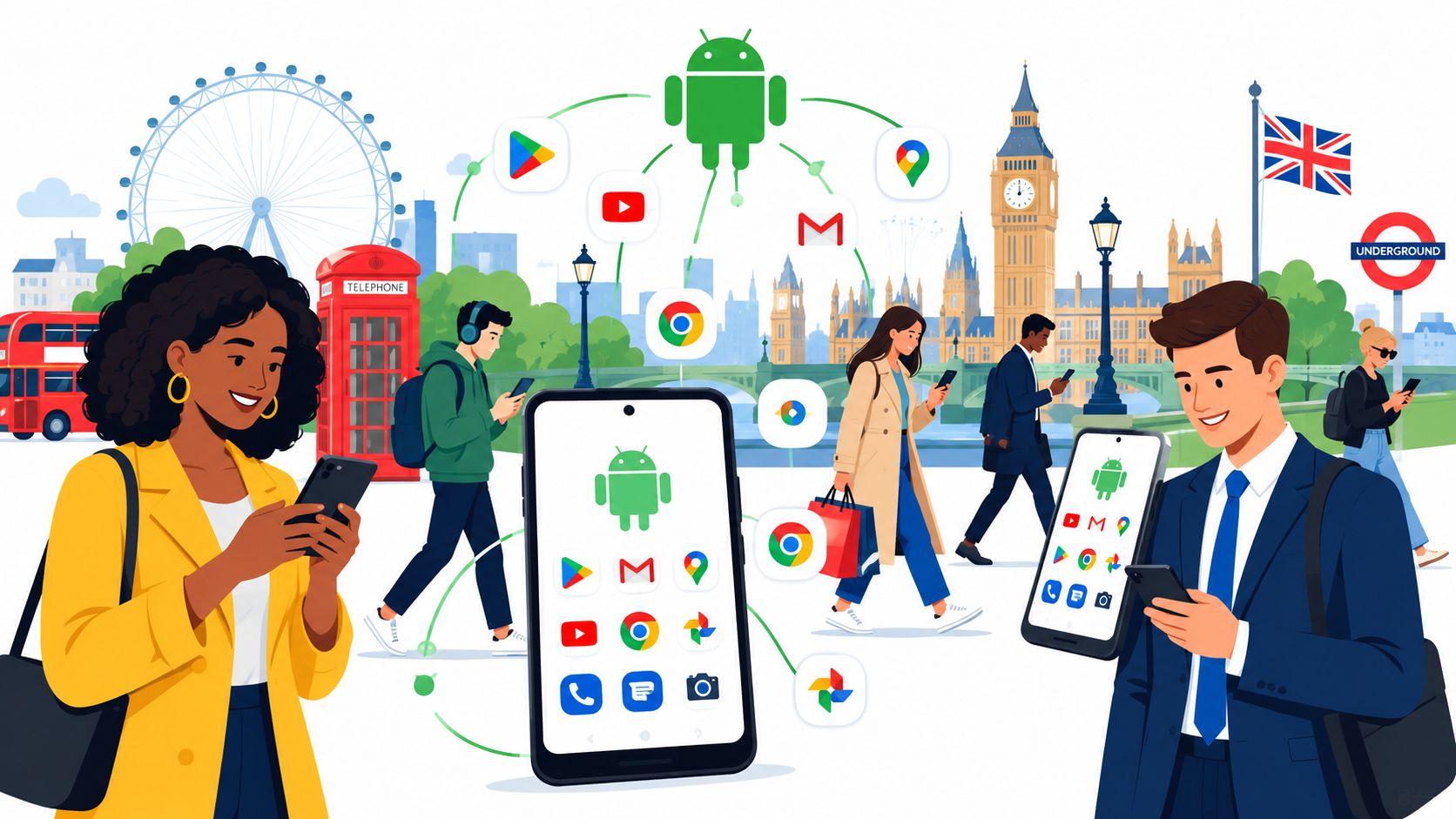 A diverse group of people using Android smartphones in front of iconic London landmarks with app icons