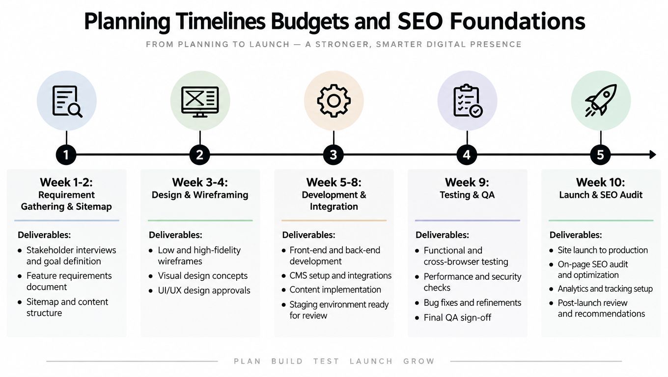 A project timeline infographic illustrating five steps from initial requirement gathering to final website launch and audit.