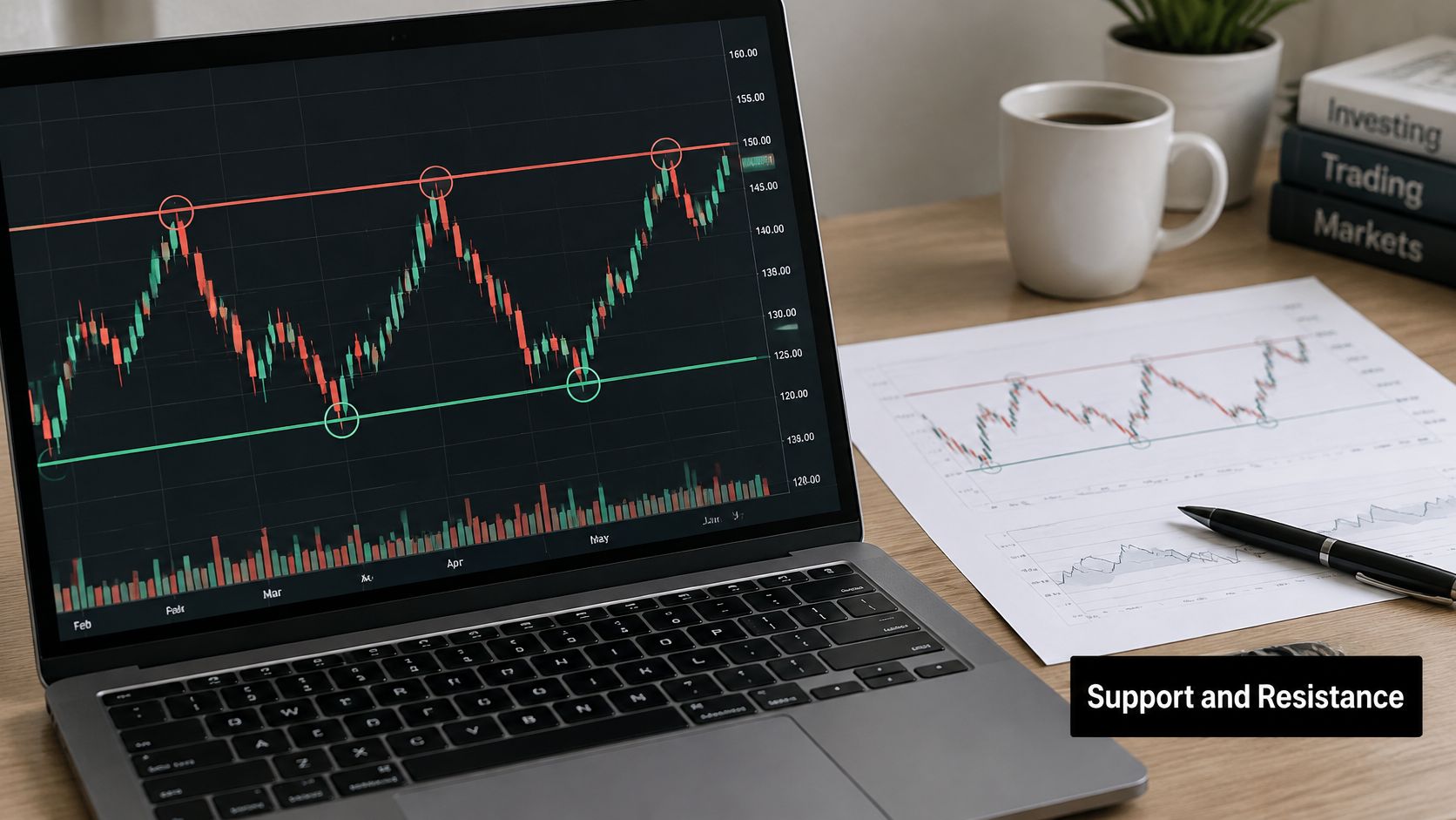 A laptop screen displaying a stock market chart with support and resistance lines next to printed graphs.