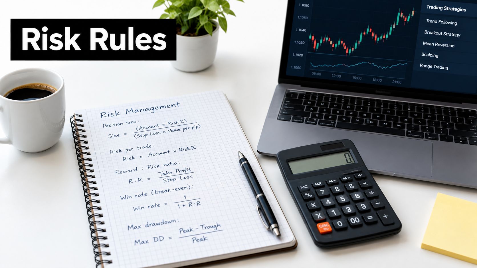 A workspace featuring a notebook with risk management formulas, a calculator, and a laptop with trading charts.
