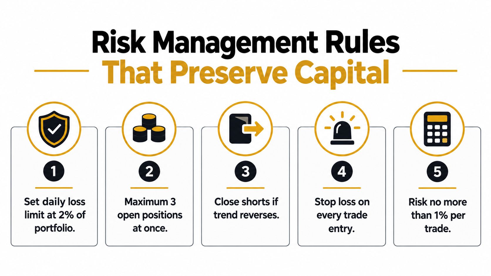 An infographic showing five essential risk management rules for trading to help preserve investment capital.