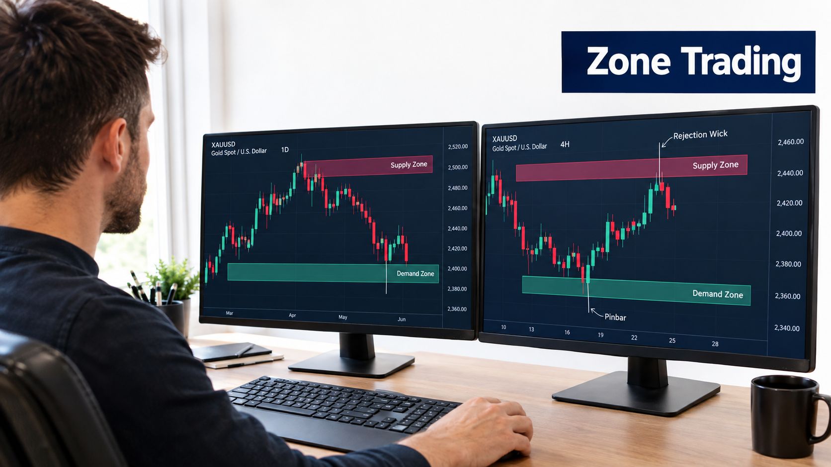 A trader sitting at a desk viewing two computer monitors displaying gold price charts with supply and demand zones.