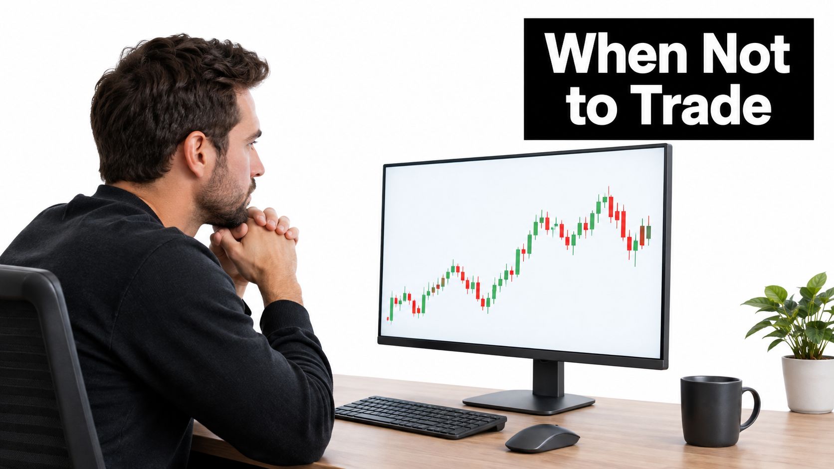 A professional trader sitting at a desk thoughtfully analyzing a stock market candlestick chart on his computer.