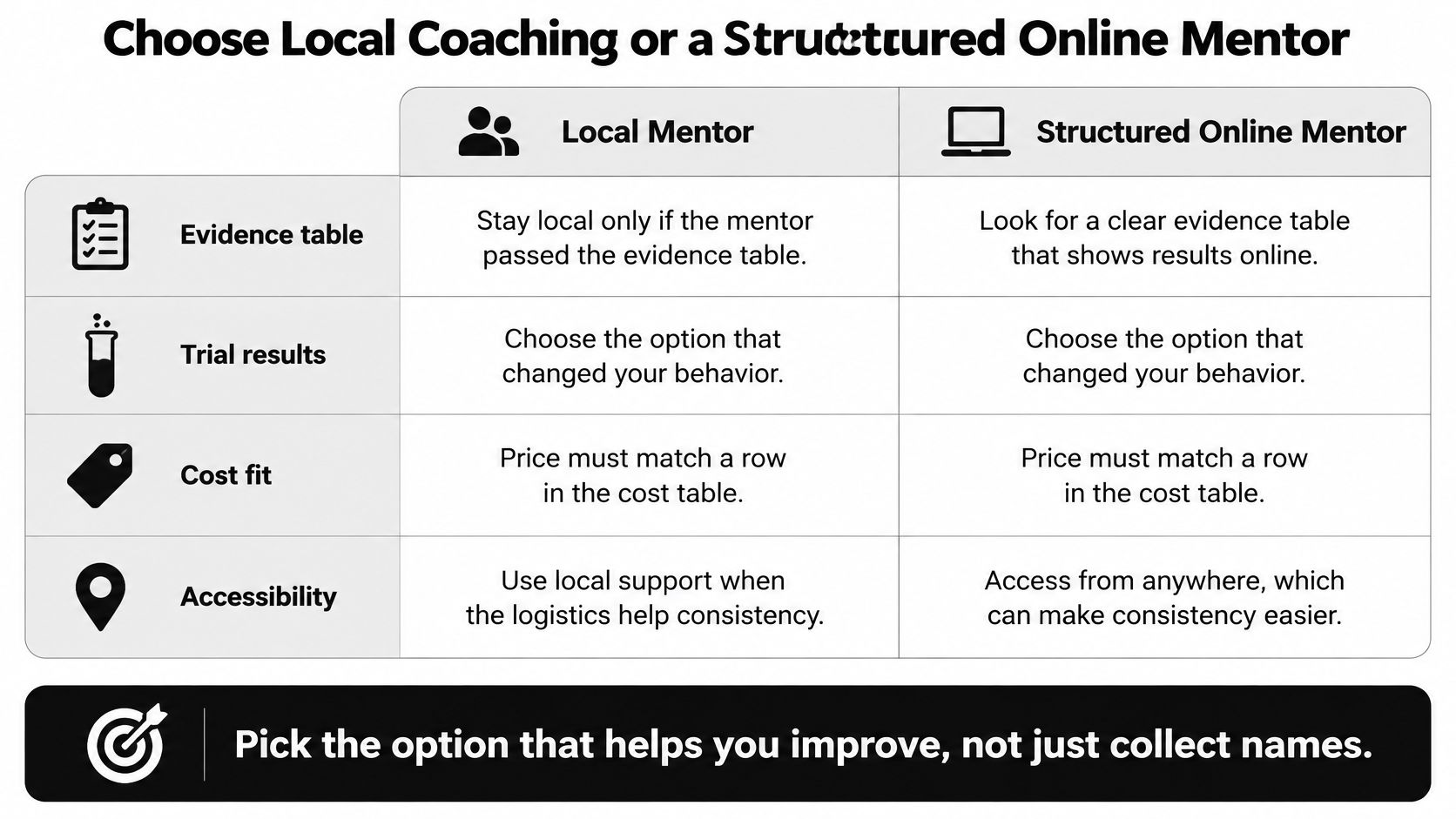 A comparison table outlining key factors to consider when choosing between a local mentor and a structured online mentor.