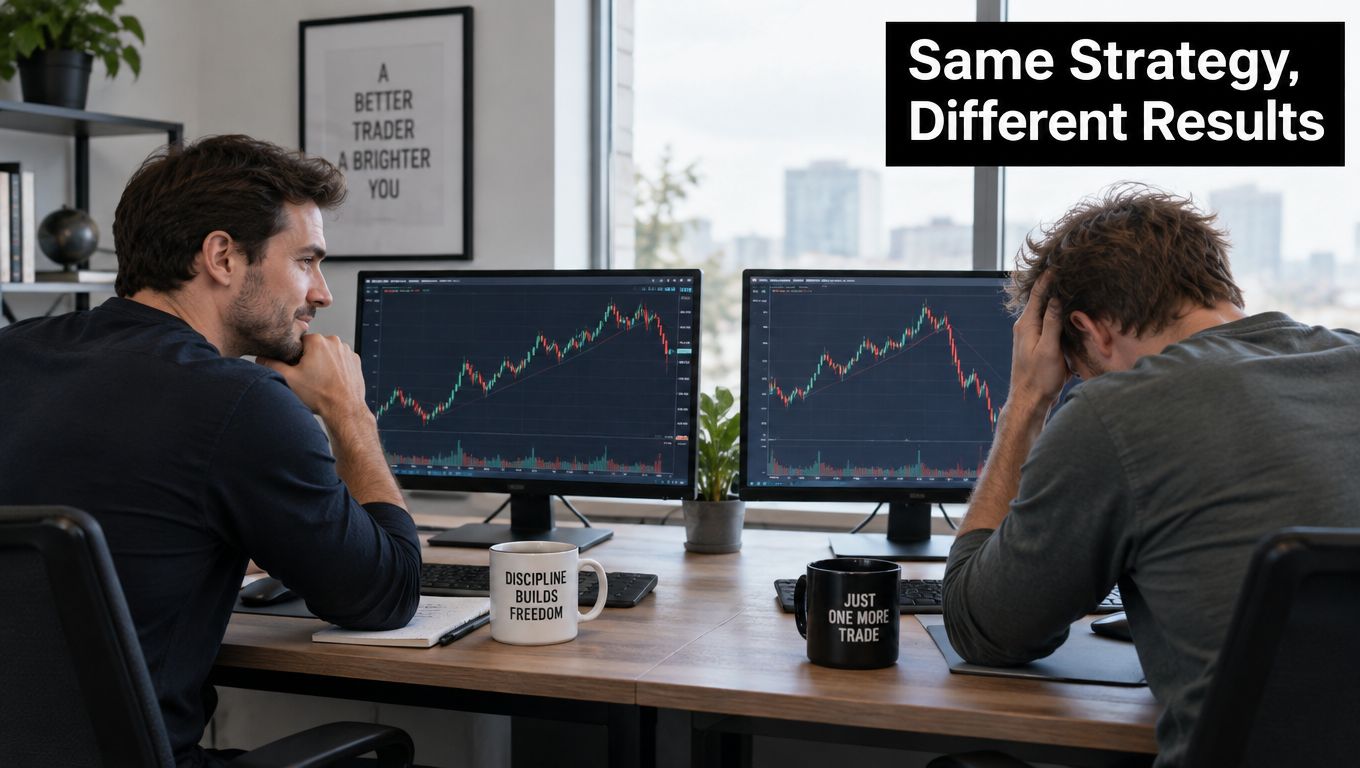 Two traders sitting at computers showing stock charts, one calm with a discipline mug, one stressed.