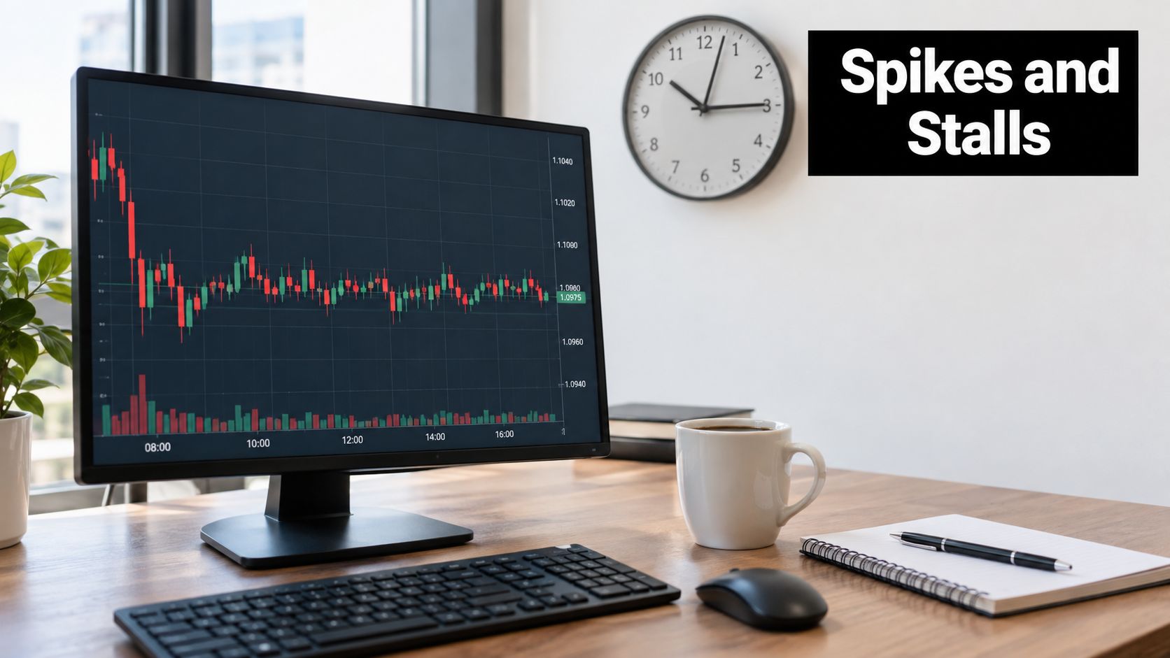 A modern office workspace featuring a desktop computer displaying a financial stock market chart with candlesticks.