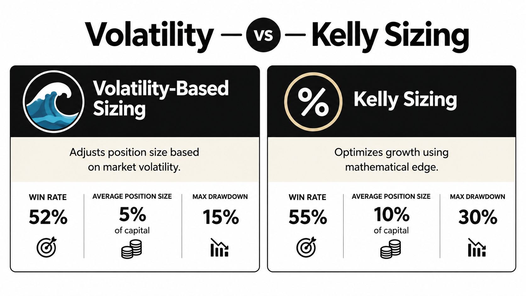 A comparison chart showing the differences in win rate, position size, and drawdown between volatility-based and Kelly sizing strategies.