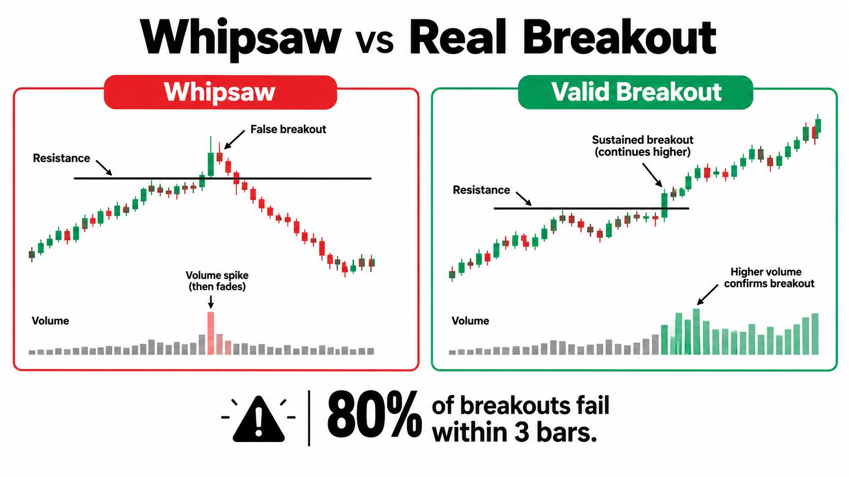 A comparison chart showing the difference between a market whipsaw false breakout and a valid breakout.