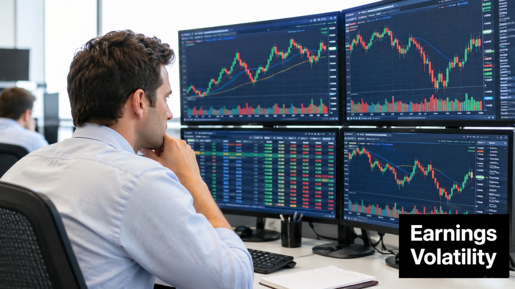 A professional financial trader analyzing complex market stock charts and supply and demand data on multiple monitors.