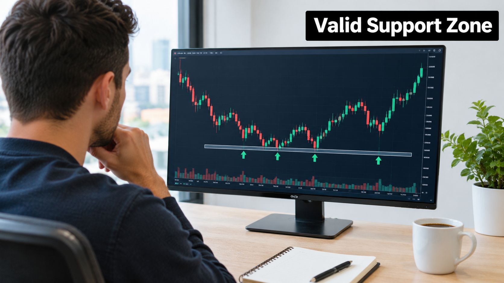A trader analyzing stock market chart on a computer monitor showing a valid support zone.