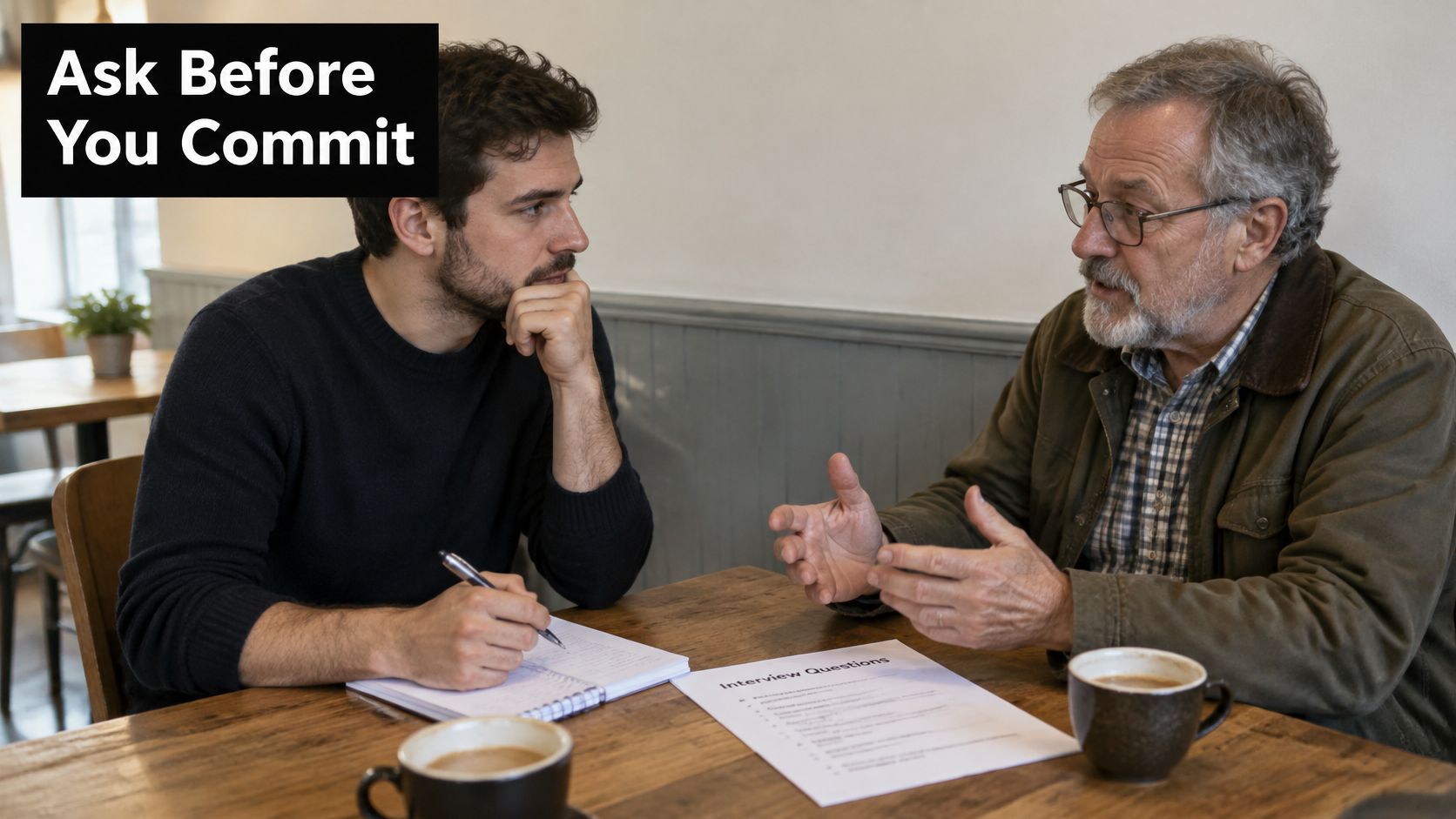 A young man taking notes while receiving advice from an experienced older mentor during an interview.