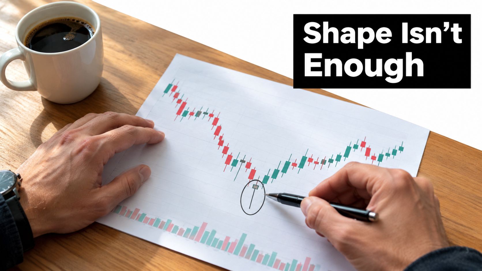 A person analyzing a stock chart with a hammer candle pattern highlighted by a pen.