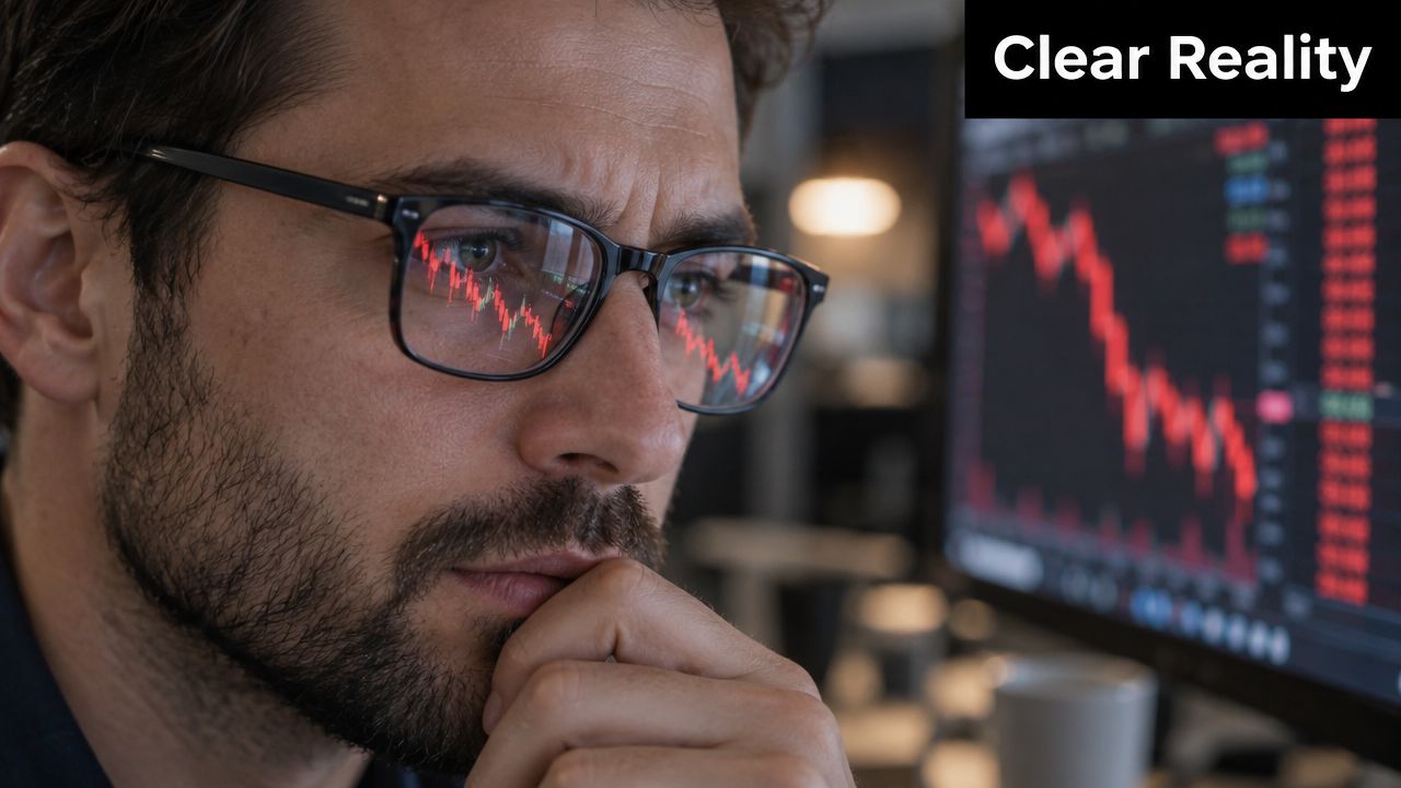 A focused man wearing glasses looks at red stock market charts on a computer screen reflecting trends.