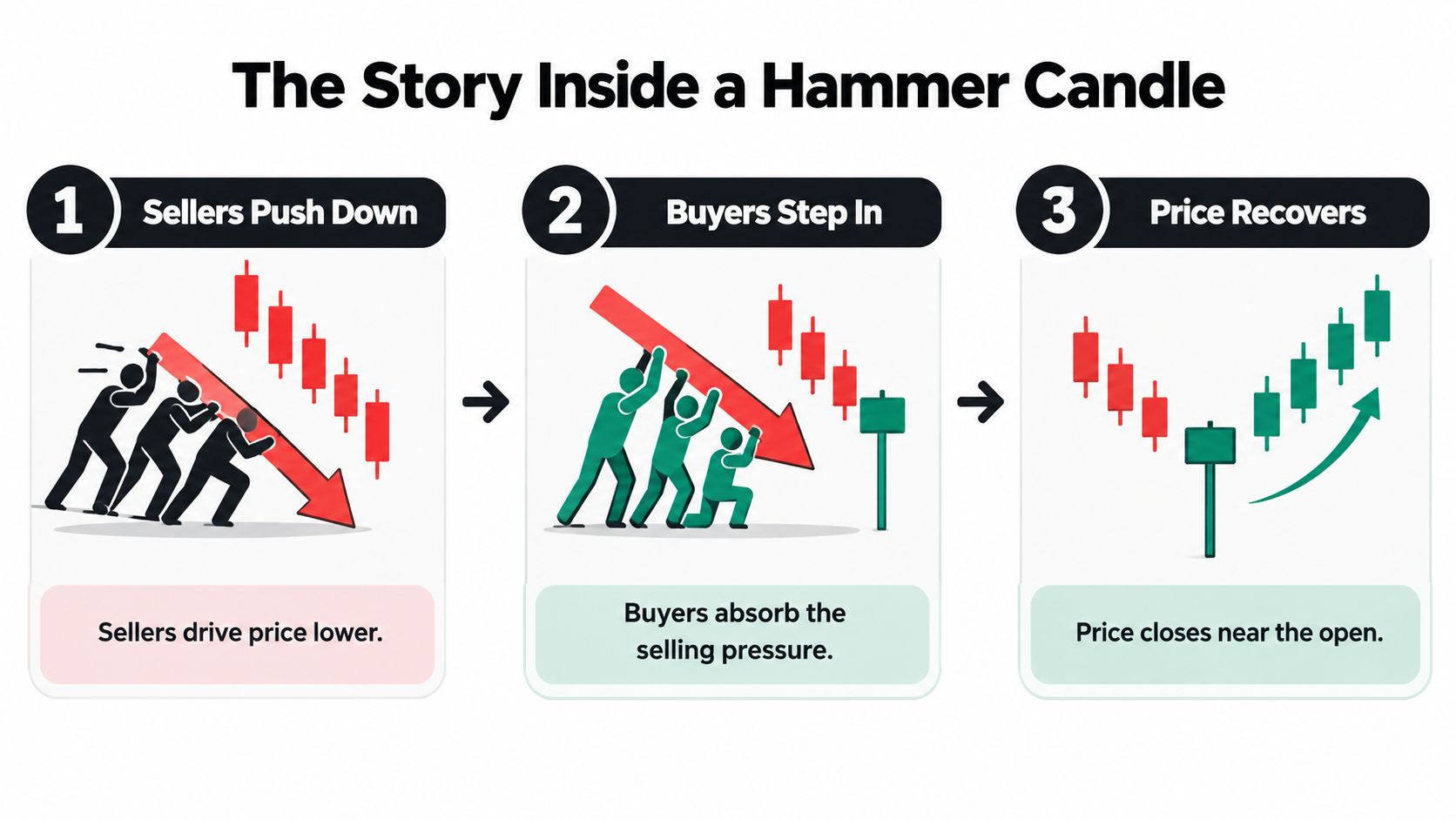 An infographic explaining the three stages of a hammer candle pattern formation in financial market trading.