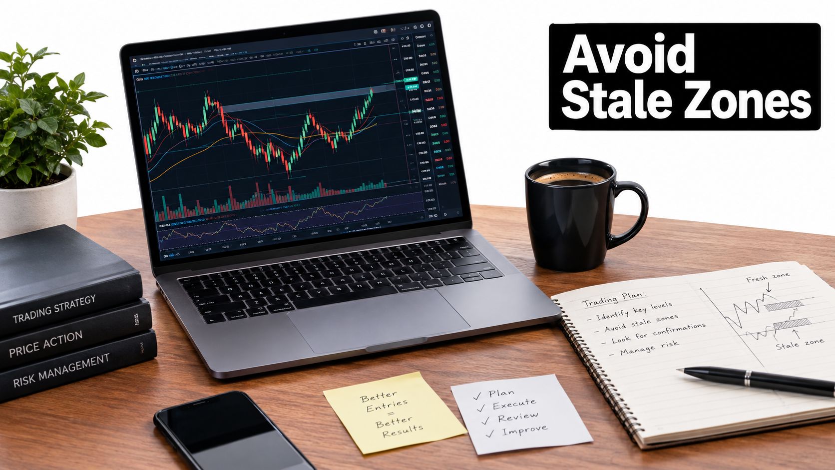 A professional trading desk featuring a laptop showing stock charts, a notebook with a trading plan, and reference books.